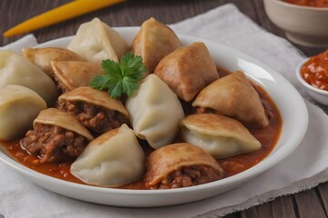 Chuchvara - Uzbek dumplings made from minced meat in tomato sauce with vegetables. Central Asian cuisine.