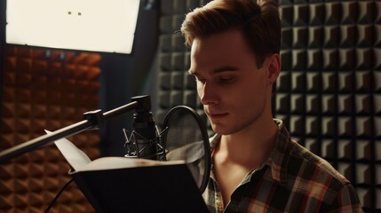 Person reading script in studio with microphone setup.