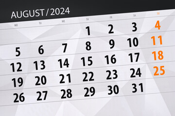 Obraz premium Calendar 2024, deadline, day, month, page, organizer, date, August