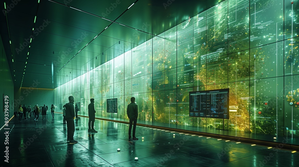 Poster people observe a digital map displayed on a wall of screens