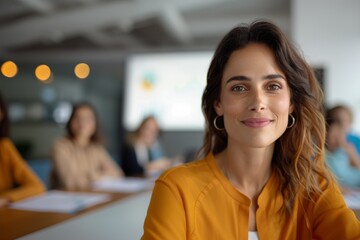Obraz premium Confident Leader in Focus: A young businesswoman exudes confidence in a vibrant office setting, her team engaged in the background. 