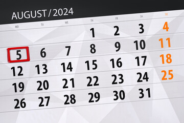 Obraz premium Calendar 2024, deadline, day, month, page, organizer, date, August, monday, number 5