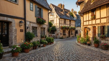Fototapeta premium Charming Village Street: Historic Houses, Flower Pots, and Cobblestone Path
