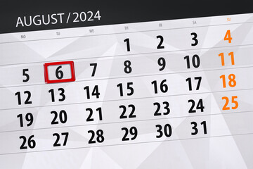 Calendar 2024, deadline, day, month, page, organizer, date, August, tuesday, number 6