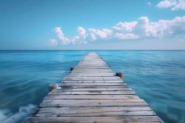 Obraz premium A serene scene of a wooden pier leading into calm turquoise waters under a blue sky with fluffy clouds, evoking feelings of peace, escape, and the simplicity of nature's beauty.