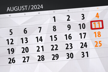 Obraz premium Calendar 2024, deadline, day, month, page, organizer, date, August, sunday, number 11