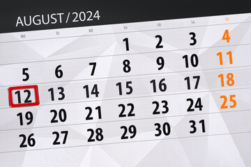 Obraz premium Calendar 2024, deadline, day, month, page, organizer, date, August, monday, number 12