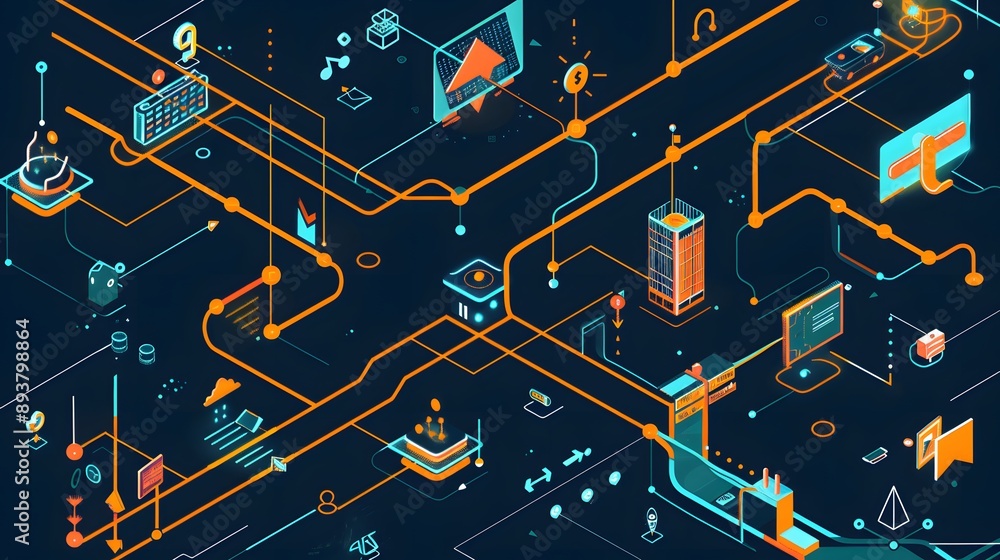 Poster an infographic illustrating ip routing, showing the process of data packets traveling from source to