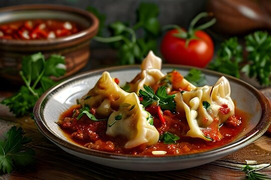 Chuchvara - Uzbek dumplings made from minced meat in tomato sauce with vegetables. Central Asian cuisine.