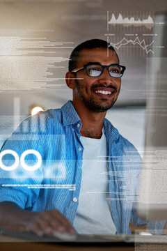 Programmer, overlay and happy man on computer for cybersecurity, website development and coding. Cloud research, smile or IT technician typing code for online data, software algorithm or programming