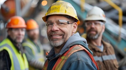 A seasoned engineer, equipped with smart glasses, smiles confidently amidst his team at a bustling factory, embodying the future of skilled labor. 