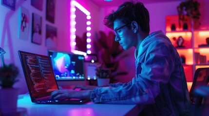 Coding on sleek laptop, young student, inspirational tech posters, modern room with LED-lit futuristic desk setup. EdTech, Education technology