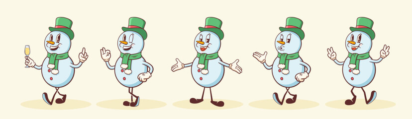 Groovy Christmas Retro Snowman Characters Set. Cartoon Vector Winter Holiday Mascot Templates. Happy Vintage Cool New Year Personage Illustrations Collection Isolated