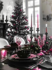 Christmas table setting with christmas tree in the background, toned