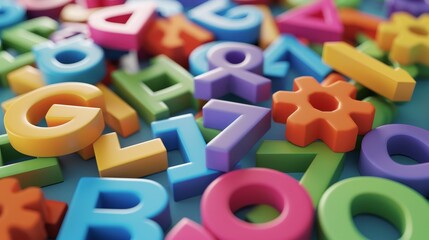 Naklejka premium Colorful 3D Letters and Gear Scattered, 3D Render, Abstract, Playful, Geometric, Alphabet, Gear