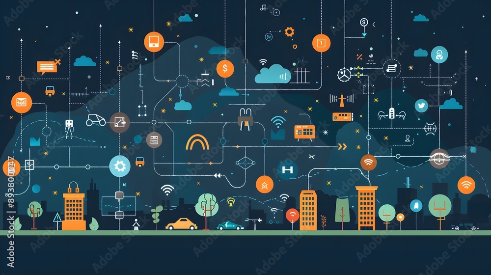 Poster an infographic illustrating ip routing, showing the process of data packets traveling from source to