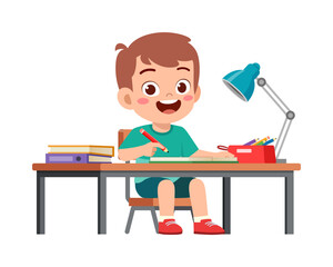 little kid study on desk and feel happy