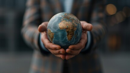 A businessman holds a globe in his hands