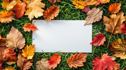 Obraz premium A white paper surrounded by colorful autumn leaves on a green grass background
