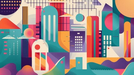 Abstract Cityscape in Vibrant Colors, Geometric Shapes and a Grainy Texture, Digital Art, Abstract, Cityscape, Geometric Shapes, Colorful