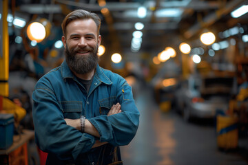 Obraz premium Smiling Auto Mechanic in Workshop with Arms Crossed and Classic Car in Background