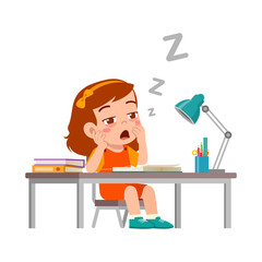 little kid study on desk and feel sleepy