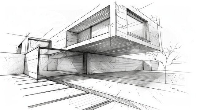 Construction housing project, real estate concept. Residential building blueprint plans. Pencil scetch