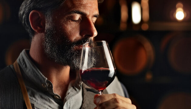 SOMMELIER APRECIANDO E DEGUSTANDO VINHO TINTO EM UMA ADEGA