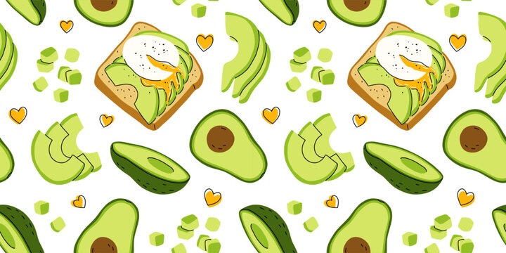 Avocado toast. Hand drawn vector seamless pattern. Healthy wholesome breakfast with green avocado toast and poached egg.