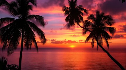 A breathtaking tropical sunset over a calm ocean, with the sky ablaze in shades of orange, pink, and purple, and palm trees silhouetted against the vibrant horizon.