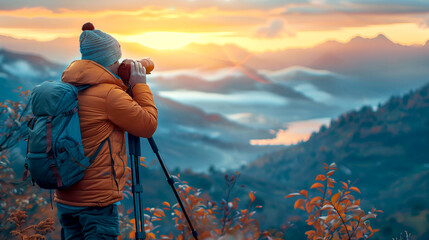 Photographer with backpack taking a pictures of Misty Mountains with digital camera on tripod