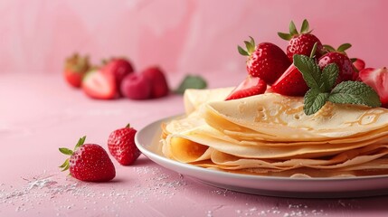 A plate of thin golden crepes topped with fresh strawberries and a sprig of mint on a pink surface