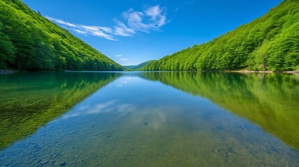 A calm lake with crystal-clear water reflecting the vibrant green trees and blue sky, in a minimalistic and natural setting.