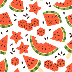 Seamless pattern with watermelon, color background. Bright summer design for postcards, holidays, decorations. Vector illustration. Pattern with fruit.