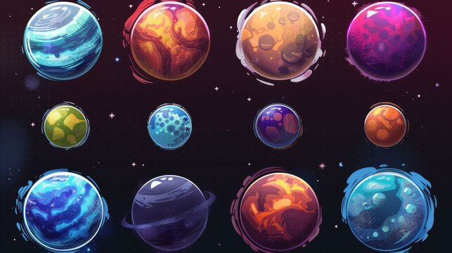 Cosmic Orb Collection 10 Planets With Unique Surface Textures, planets , space , cartoon , digital art