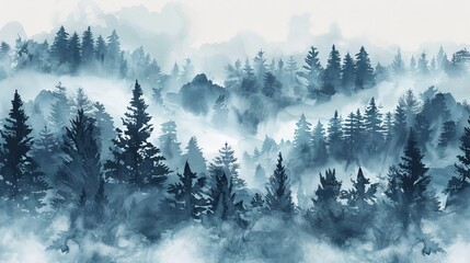 Enchanted Pine Forest Watercolor Painting - Misty Mountains, Abstract Art, Nature Scenery, Forest Landscape,  watercolor, forest, mist