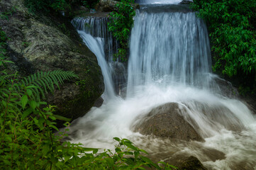 Beautiful Paglajhora waterfall on Kurseong, Himalayan mountains of Darjeeling, West Bengal, India. Origin of Mahananda River flowing through Mahananda Wildlife Sanctuary, Siliguri and Jalpaiguri.