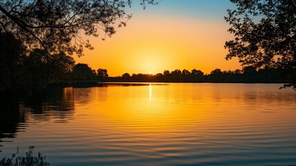 A calm lake at sunset with a golden reflection on the water, surrounded by silhouettes of trees, and clear areas for text.