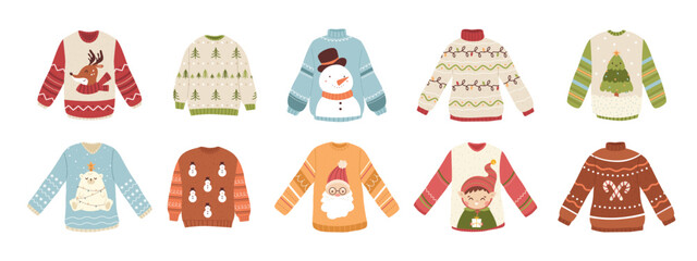 Christmas ugly sweaters. Winter holiday party sweater or jumper for family and friends. Funny xmas outfit, crazy home knit clothes snugly vector set