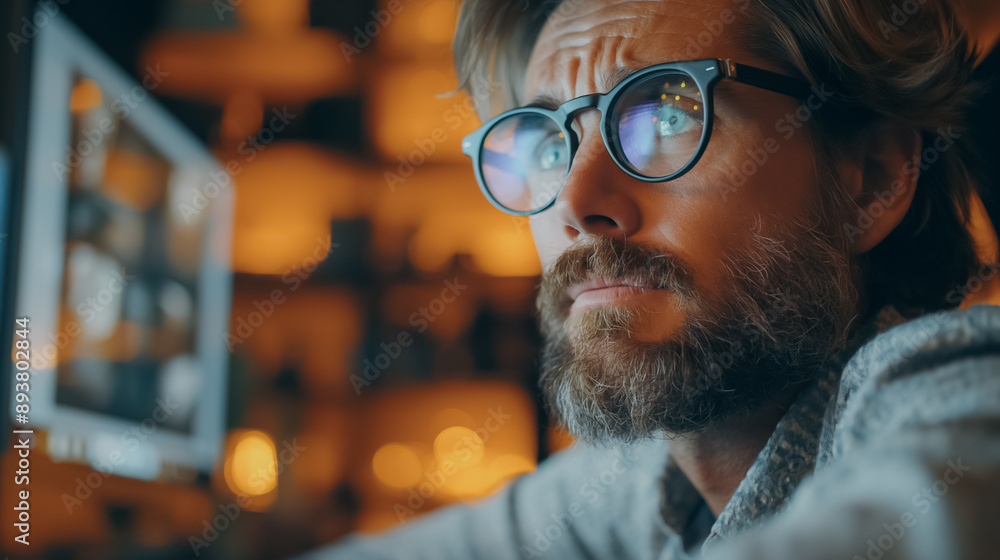 Aufkleber late night focus: a man with a beard and glasses intensely stares at a computer screen, illuminated 