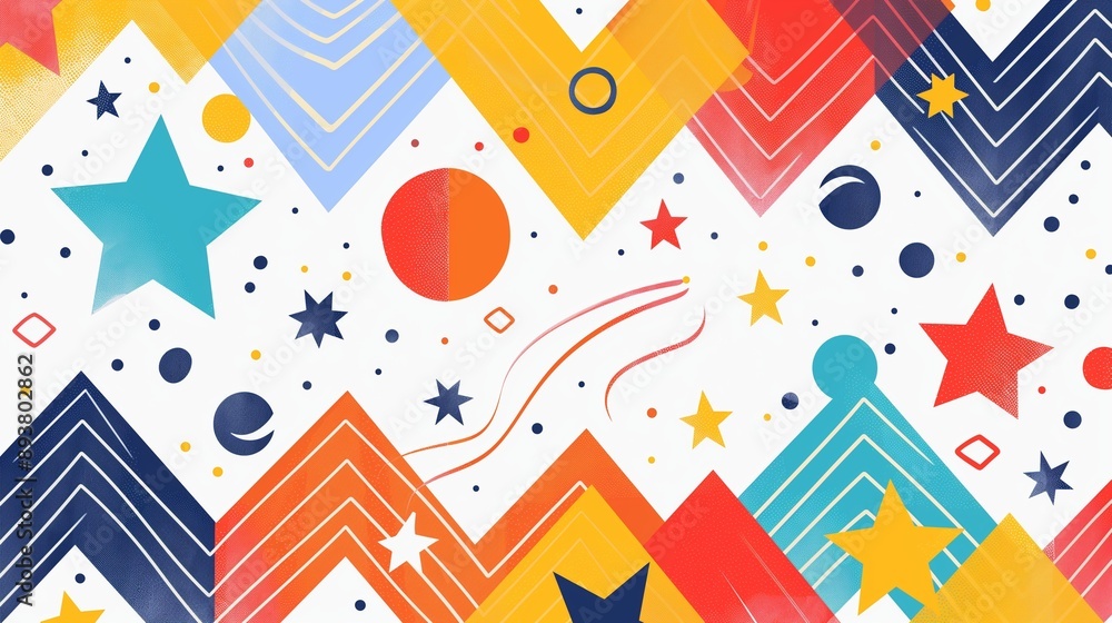 Poster a cheerful geometric summer background with an array of colorful shapes like chevrons, circles, and 