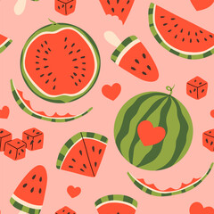 Seamless pattern with watermelon, color background. Bright summer design for postcards, holidays, decorations. Vector illustration. Pattern with fruit.