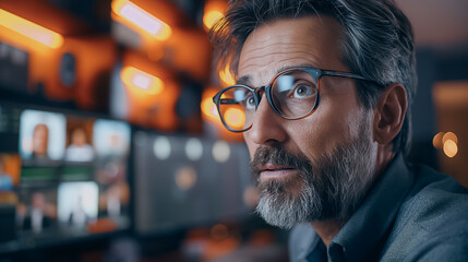 Obraz premium The Weight of Decisions: A contemplative businessman, etched with experience, ponders strategic choices amidst the glow of multiple computer screens in his late-night office. 