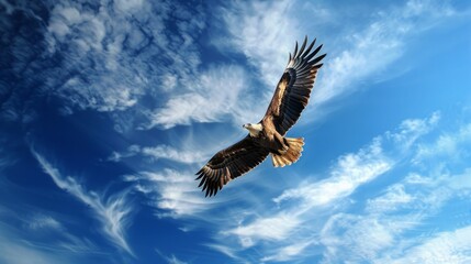 Obraz premium A stunning bird of prey glides gracefully against the serene, blue sky, showcasing its impressive wingspan and feather details