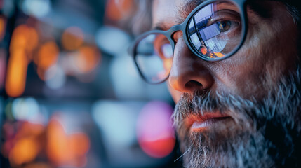 The Weight of Surveillance: A close-up of a seasoned security professional, his gaze intense beneath his glasses, reflecting the multitude of screens he monitors, hinting at the high stakes and vigila