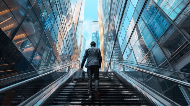 The businessman on outdoor escalator.