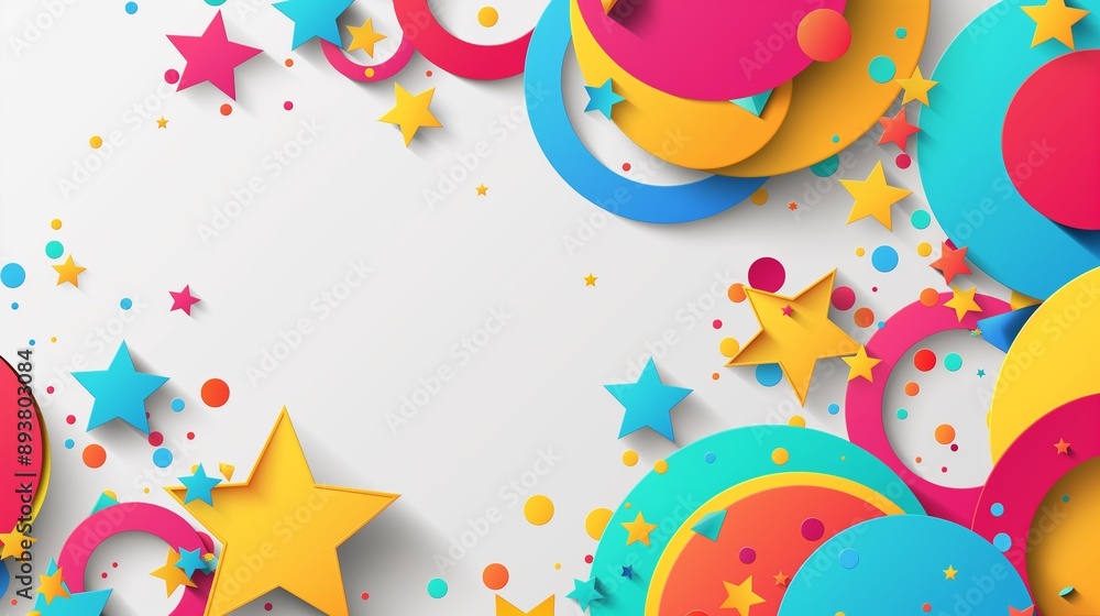 Poster a cheerful geometric summer background with colorful overlapping circles and stars, set against a wh