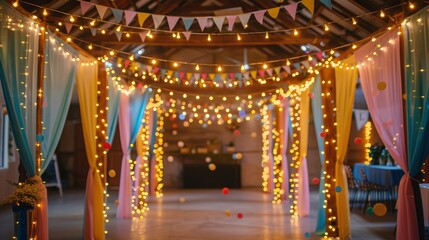 A festive entranceway with string lights colorful fabrics and hanging banners