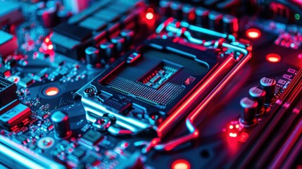 Fototapeta premium Close-up of a Computer Motherboard with Red and Blue Lighting