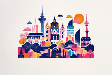 Obraz premium Risograph trendy riso print travel poster, card, wallpaper or banner illustration, modern, isolated, clear, simple of Aachen, Germany. Artistic, screen printing, stencil